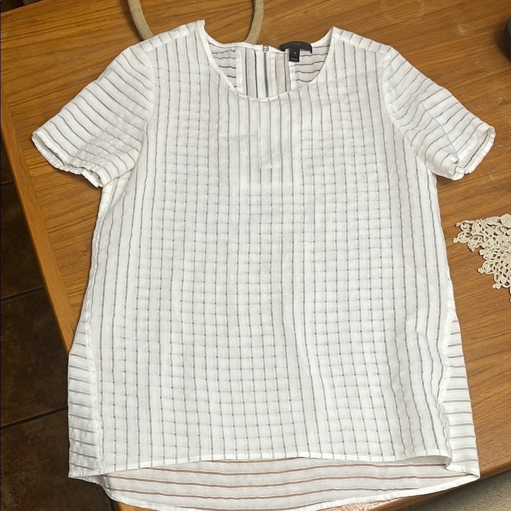 J Crew White Sheer Striped Short Sleeve Top
